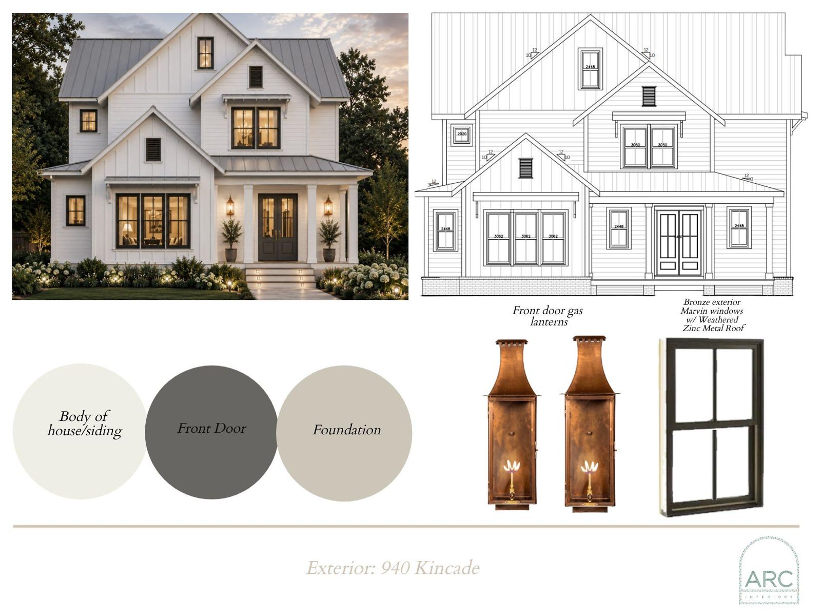 Exterior design board: finishes, fixtures, and lighting