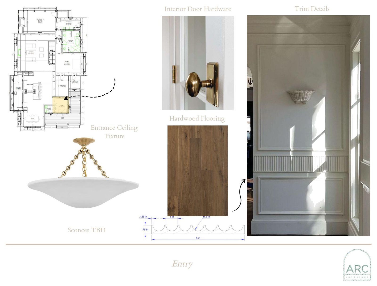 Entry design board: finishes, fixtures, and lighting