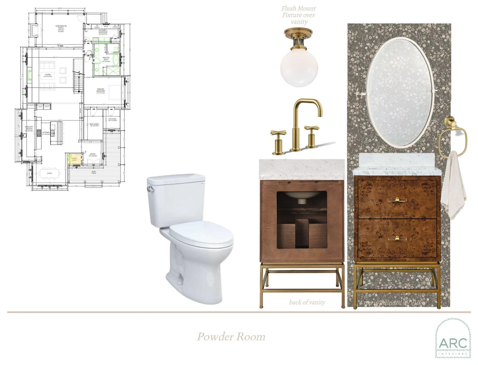 Powder Room design board: finishes, fixtures, and lighting