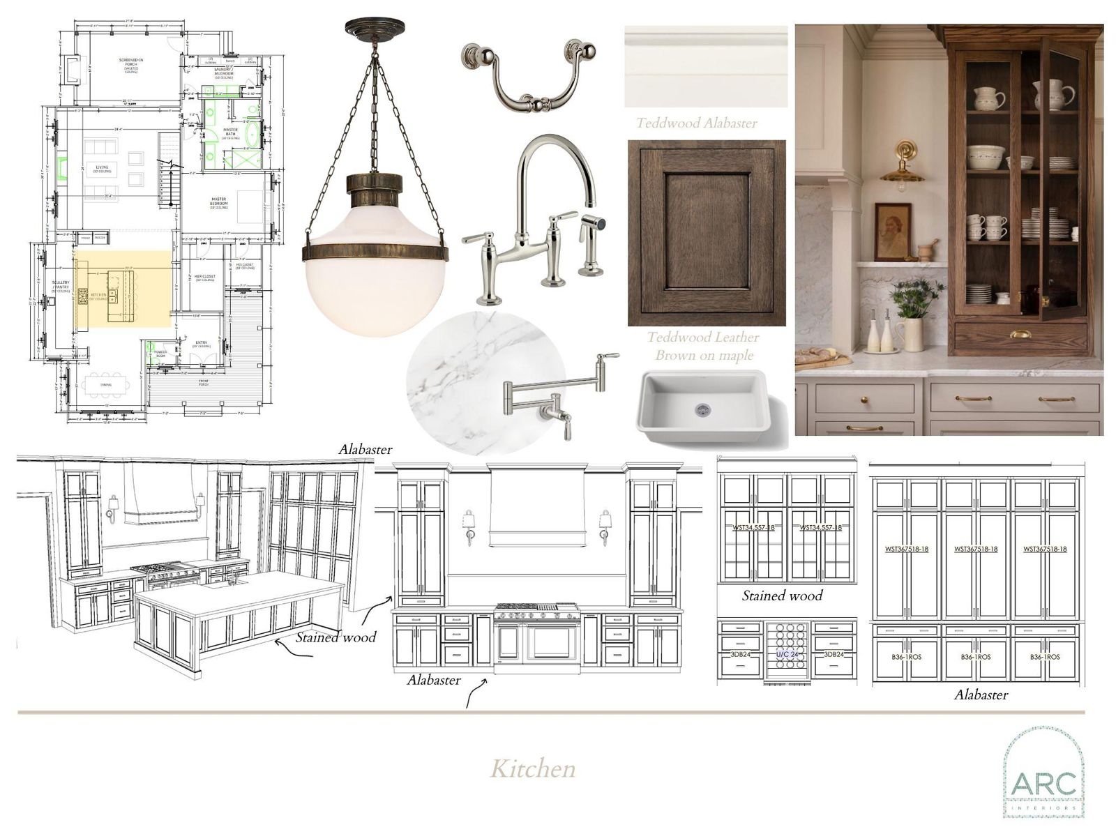 Kitchen design board: finishes, fixtures, and lighting