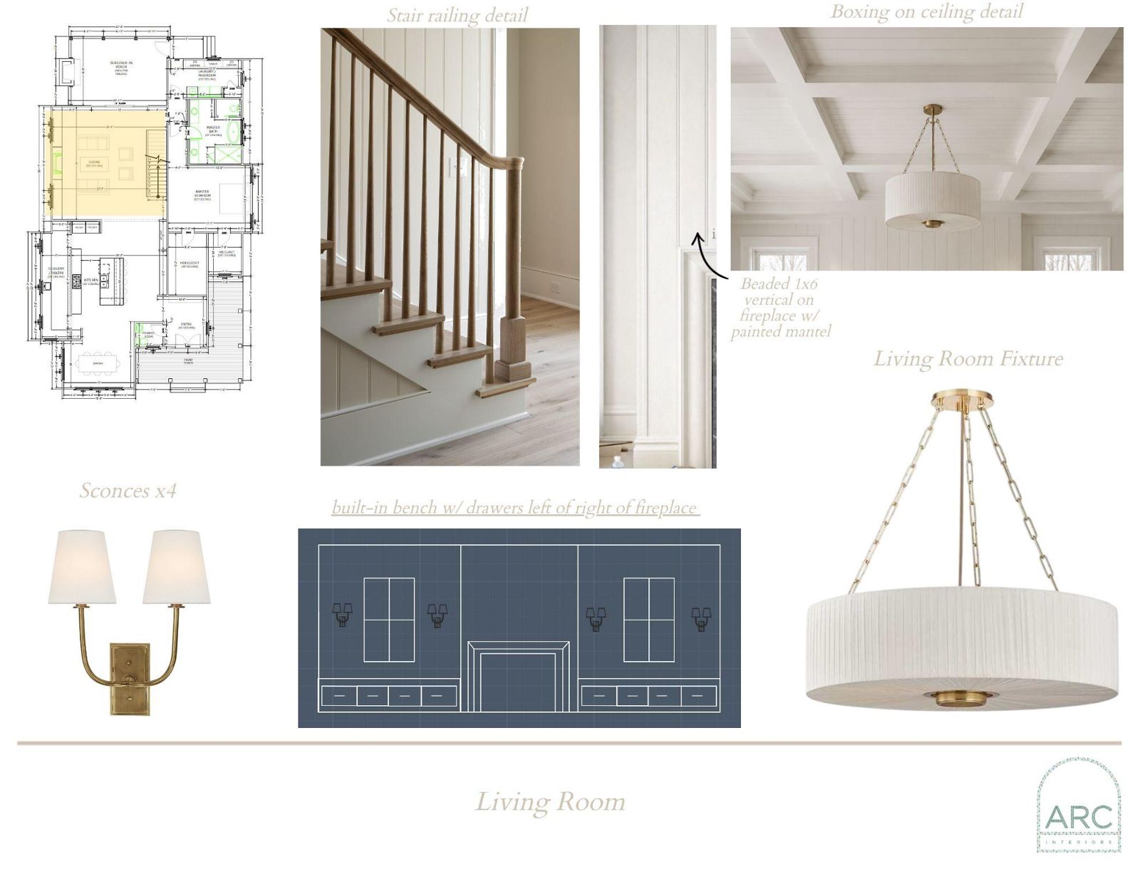 Living Room design board: finishes, fixtures, and lighting