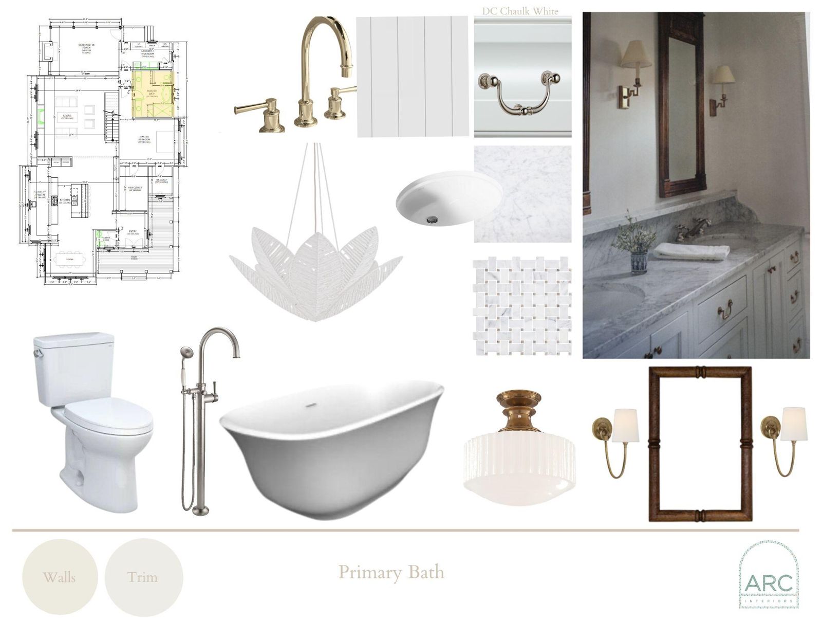 Primary Bath design board: finishes, fixtures, and lighting