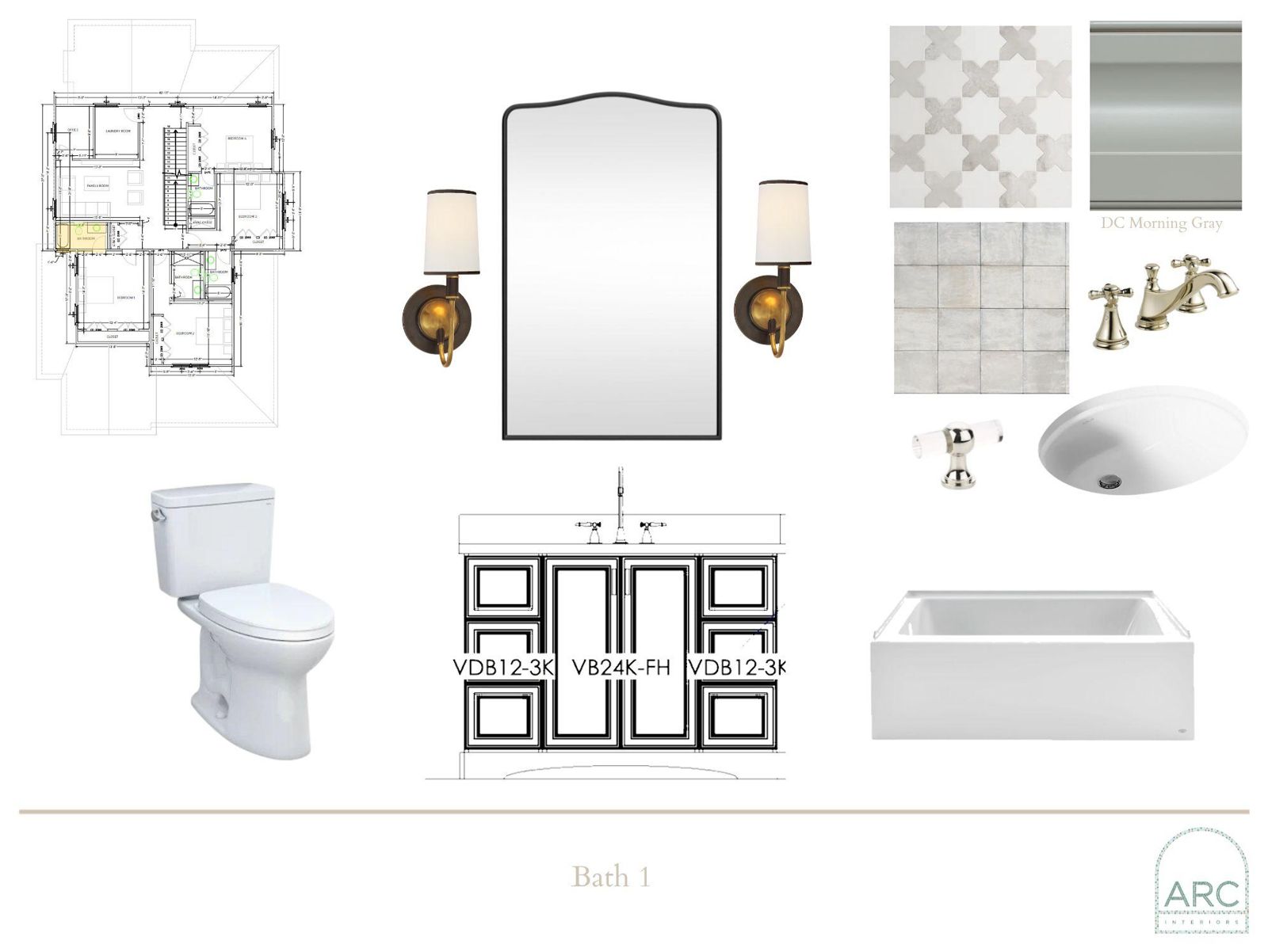 Bath 1 design board: finishes, fixtures, and lighting
