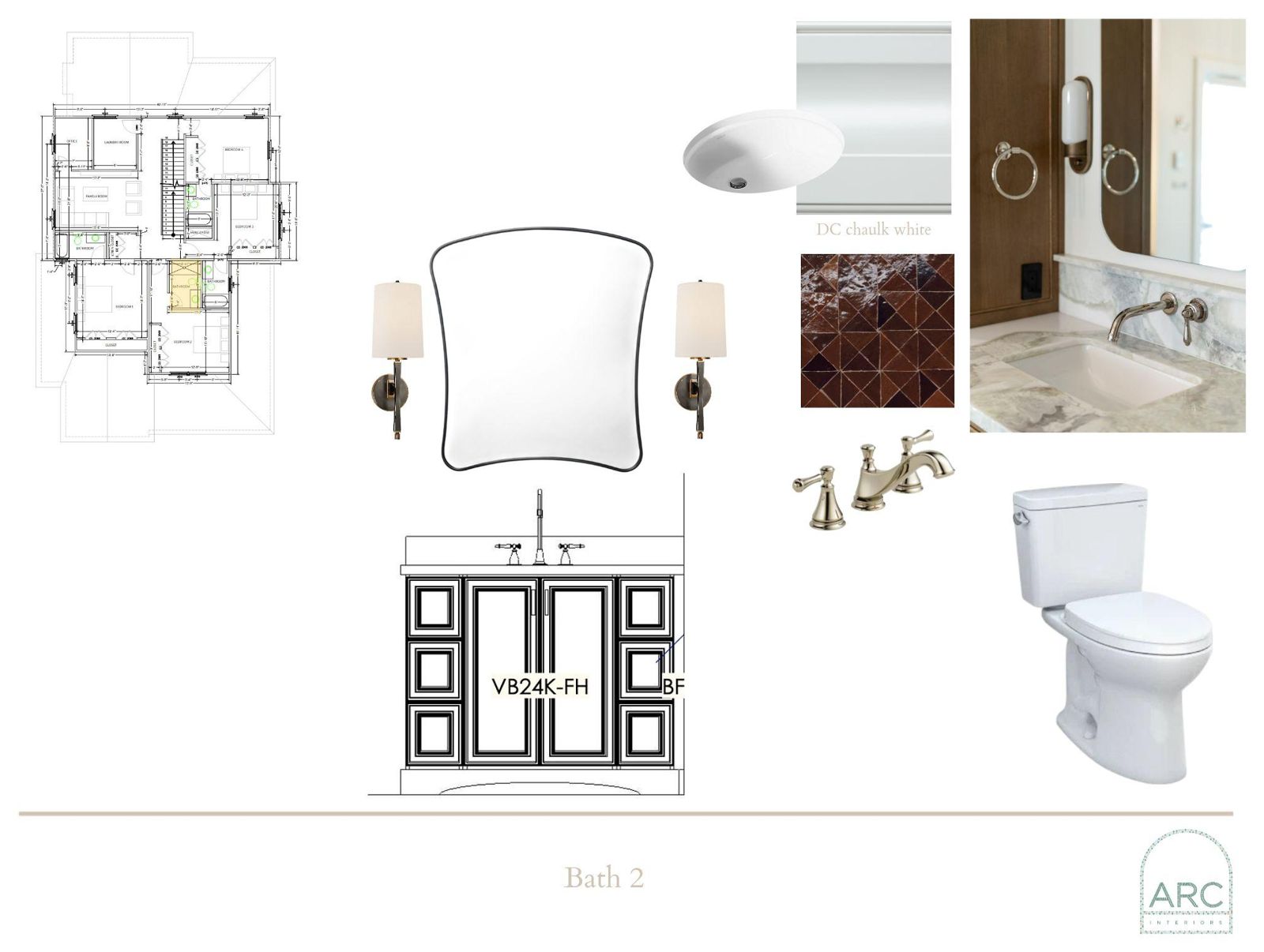 Bath 2 design board: finishes, fixtures, and lighting