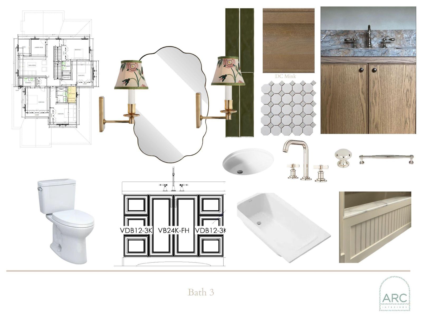 Bath 3 design board: finishes, fixtures, and lighting