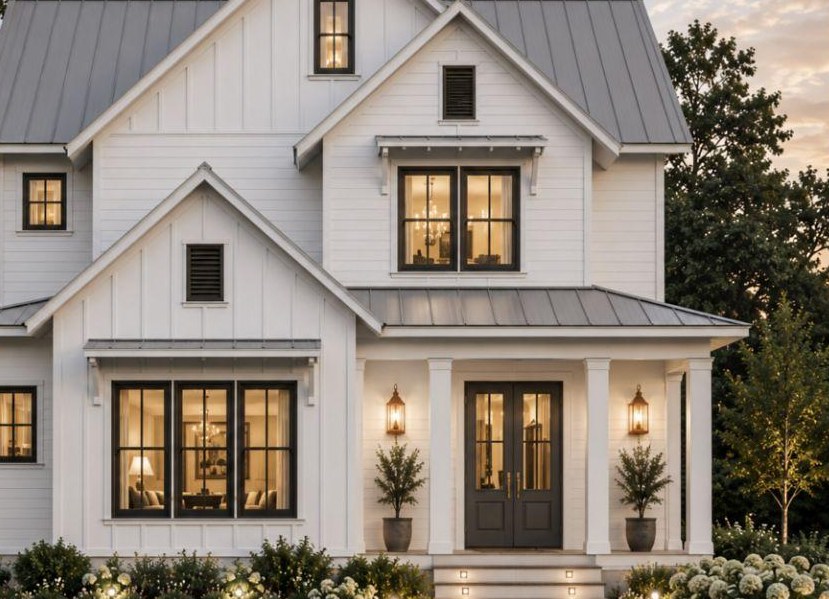 Rendering of the front of 940 Kincade Drive: white board-and-batten farmhouse with a metal roof, bronze windows and gas lanterns at dusk